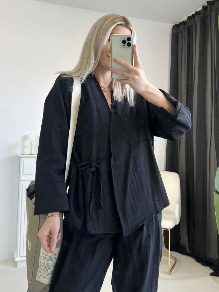Siyah Bağlama Detay Kimono Pantolon Takım