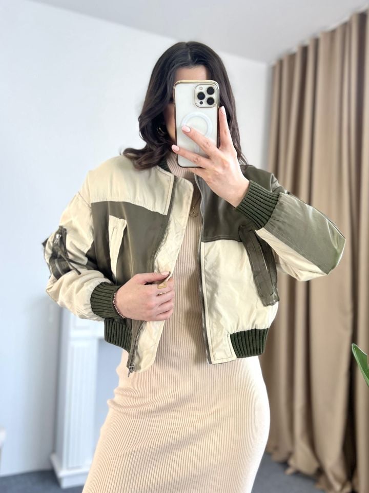Haki-Krem Renk Geçişli Tasarım Bomber Ceket