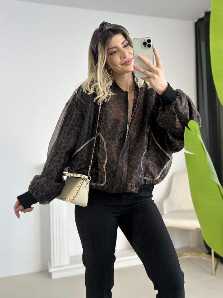 Organze Leopar Desen Bomber Ceket