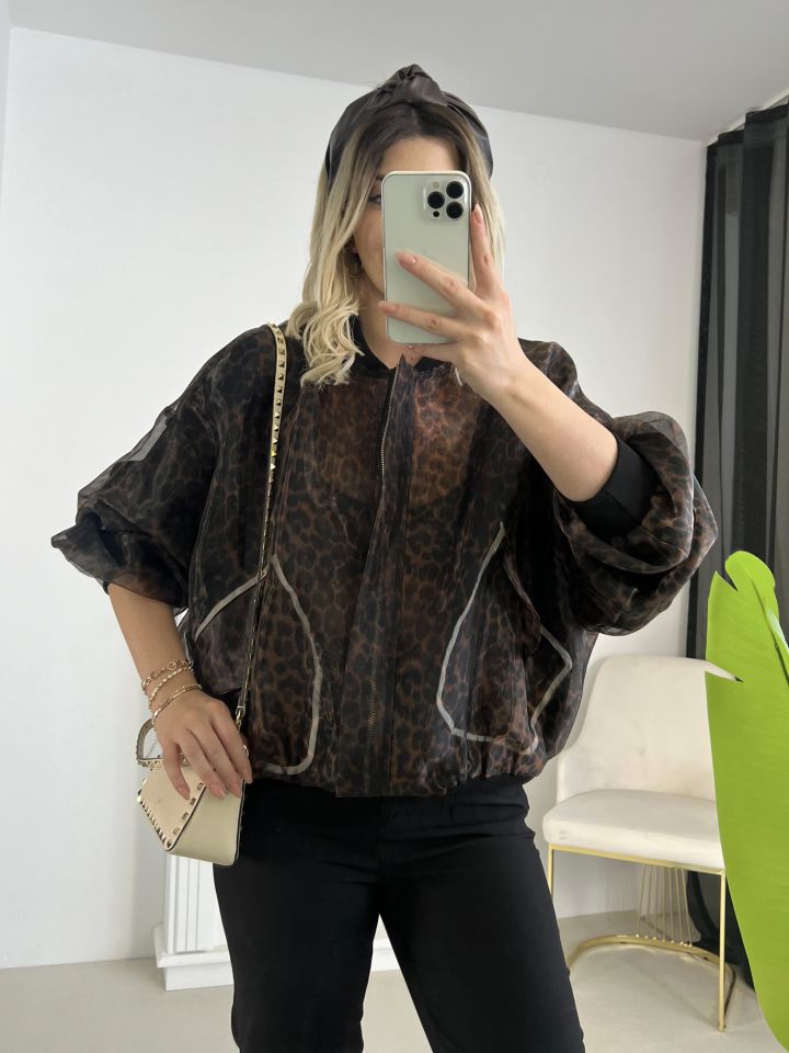 Organze Leopar Desen Bomber Ceket
