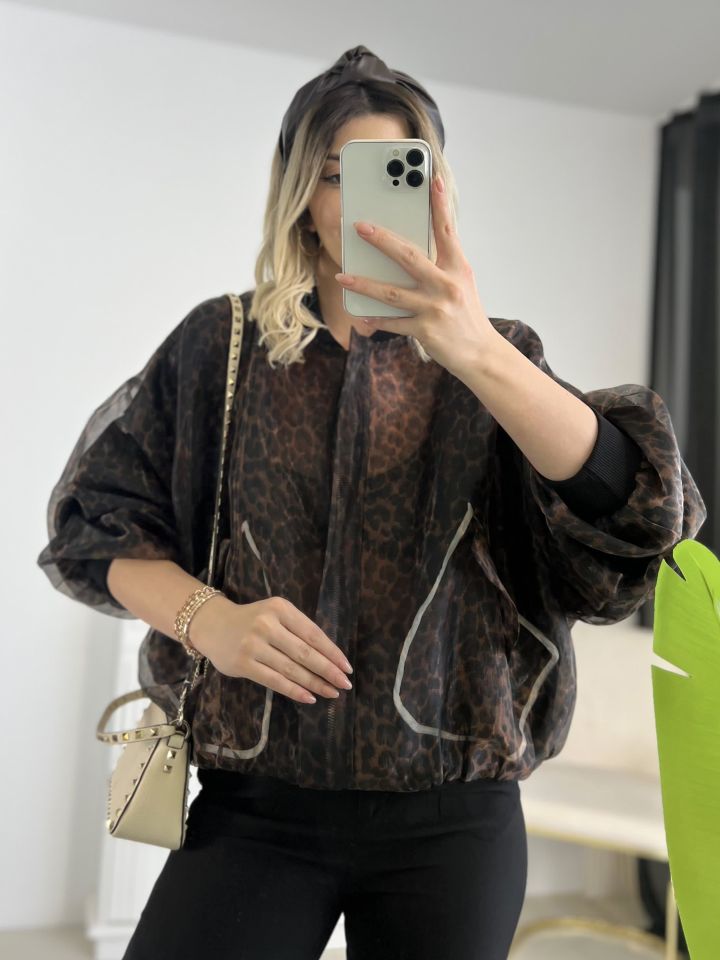 Organze Leopar Desen Bomber Ceket