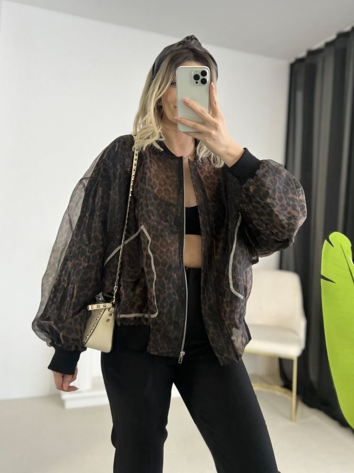 Organze Leopar Desen Bomber Ceket