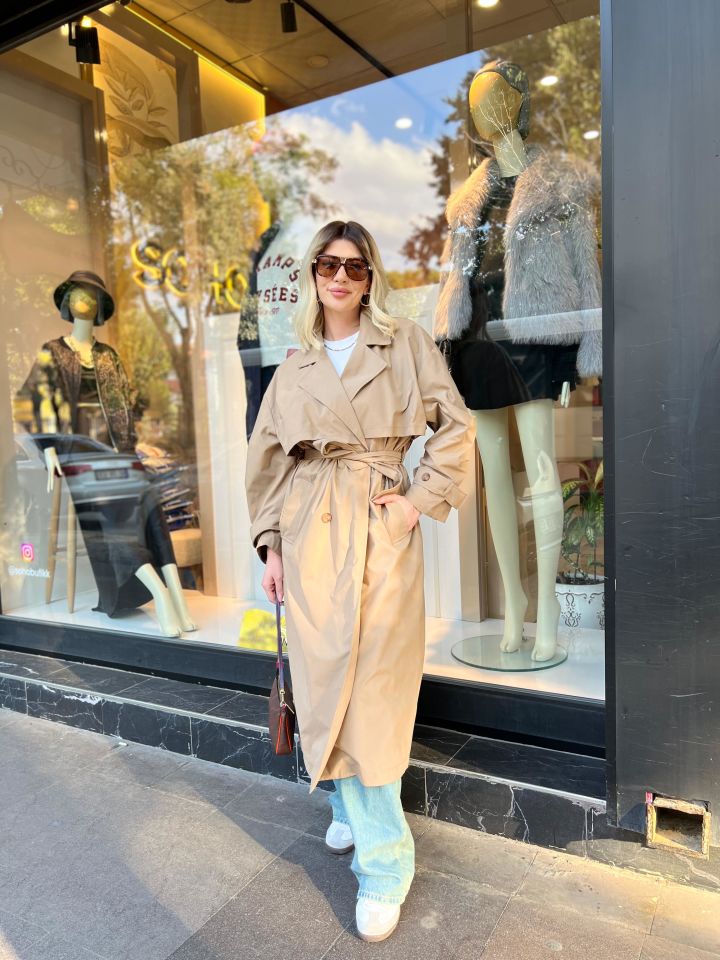 Kahve Kruvaze Yaka Kemer Detay Oversize Trençkot