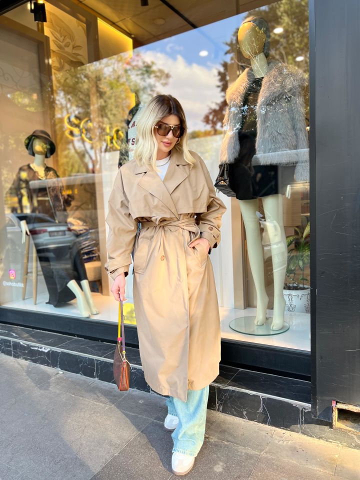 Kahve Kruvaze Yaka Kemer Detay Oversize Trençkot