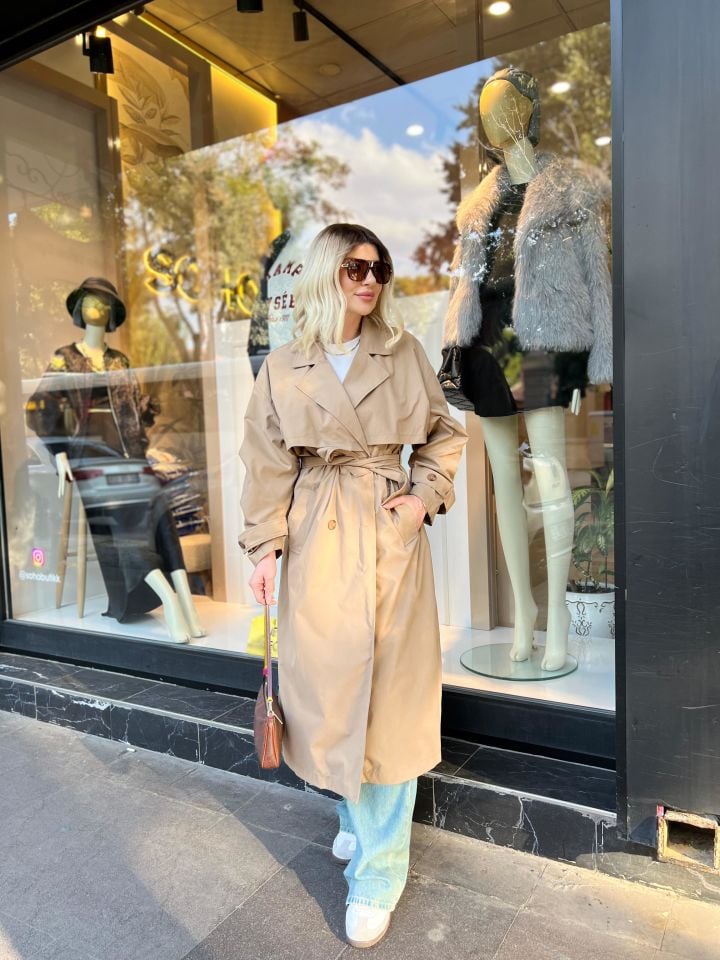 Kahve Kruvaze Yaka Kemer Detay Oversize Trençkot