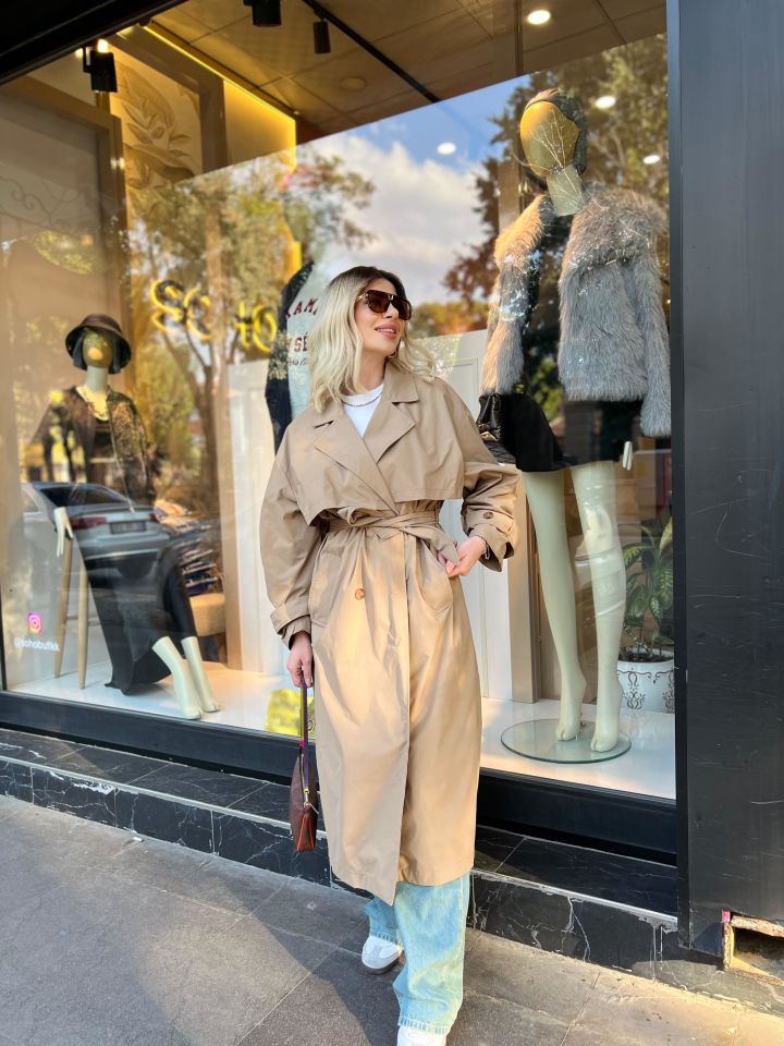 Kahve Kruvaze Yaka Kemer Detay Oversize Trençkot