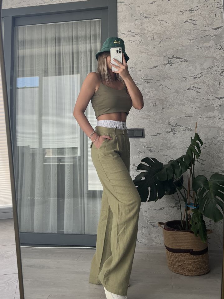 Saf Keten Haki Şort Detaylı Pantolon