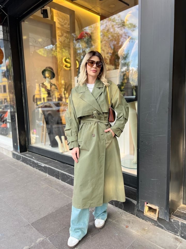Haki Kruvaze Yaka Kemer Detay Oversize Trençkot