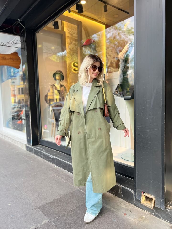 Haki Kruvaze Yaka Kemer Detay Oversize Trençkot