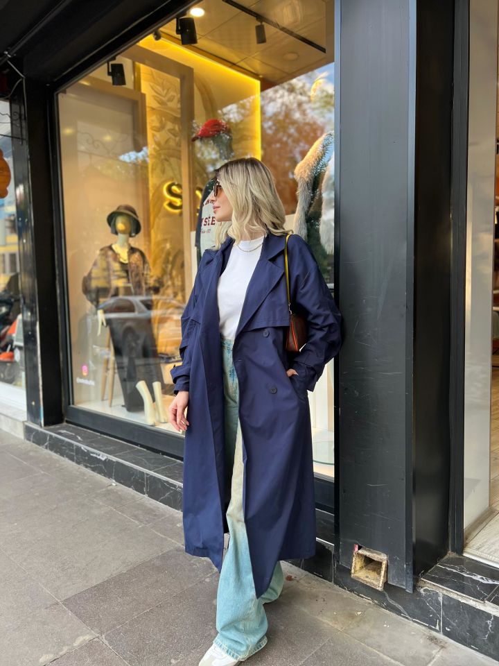 Lacivert Kruvaze Yaka Kemer Detay Oversize Trençkot