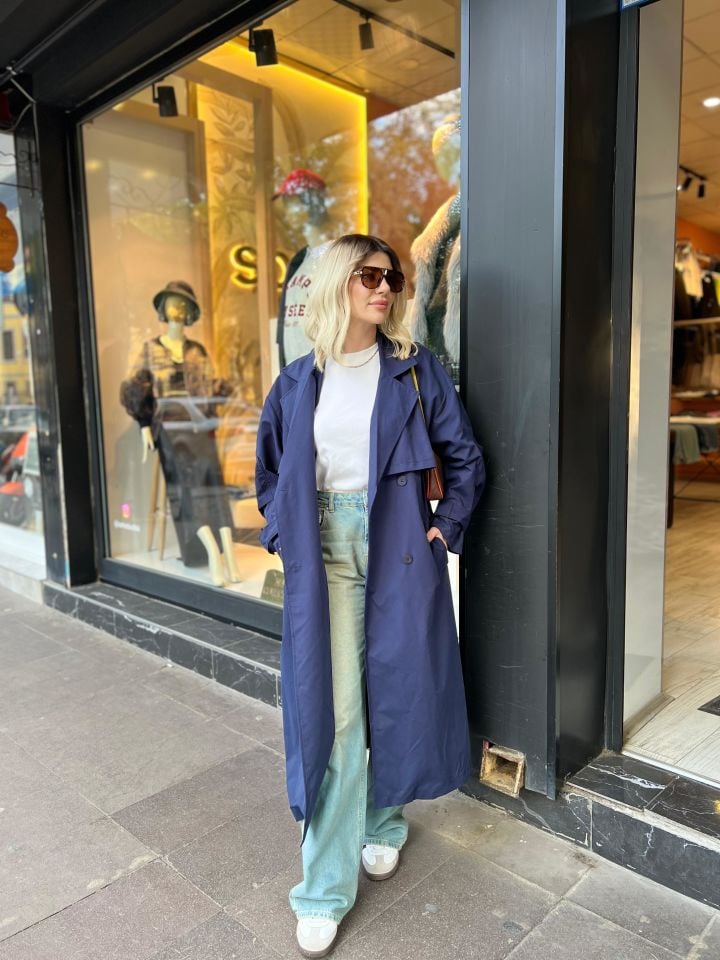 Lacivert Kruvaze Yaka Kemer Detay Oversize Trençkot
