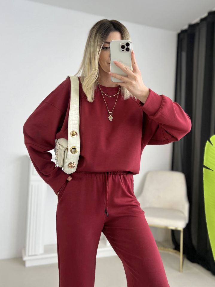 Bordo Bisiklet Yaka Modal Kumaş Takım