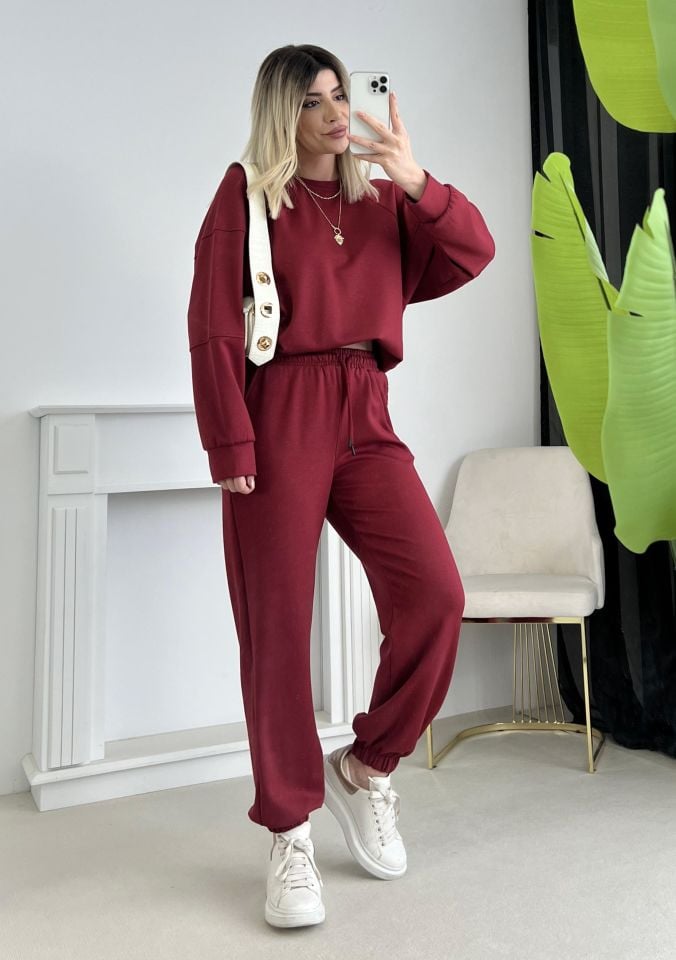 Bordo Bisiklet Yaka Modal Kumaş Takım