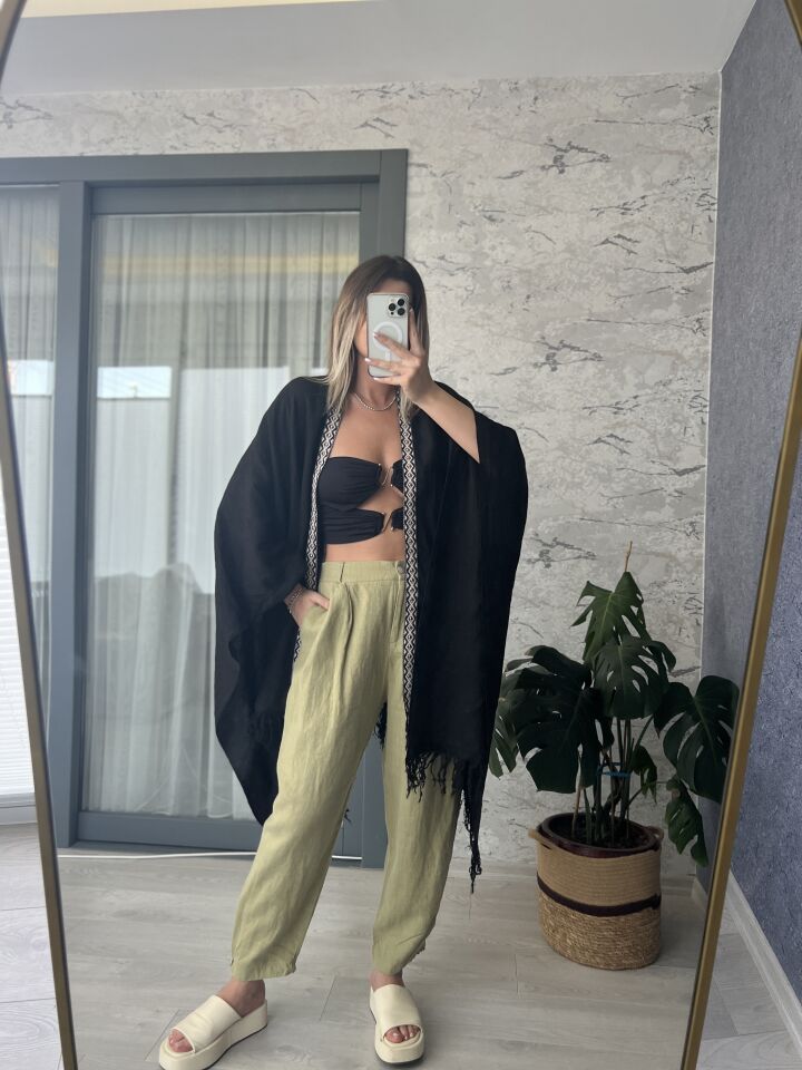Paçası Düğmeli Haki Saf Keten Pantolon