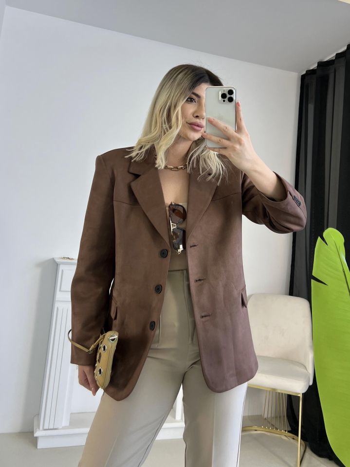 Kahve Düğme Detay Süet Ceket