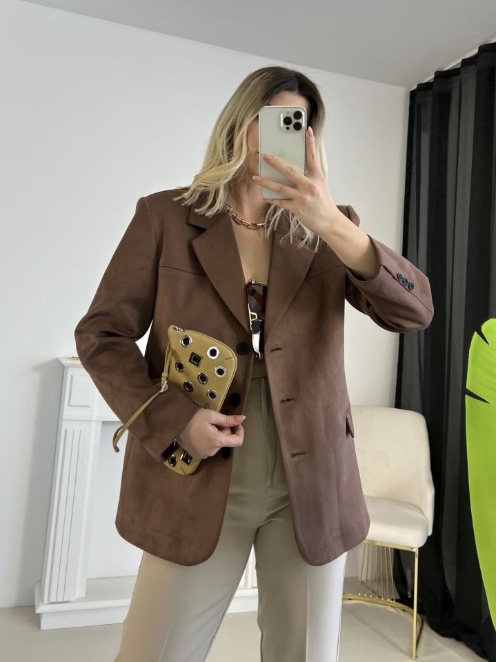 Kahve Düğme Detay Süet Ceket
