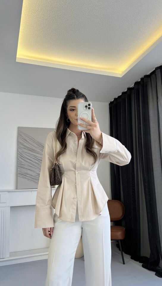 Belden Oturtmalı Taş Rengi Gömlek M