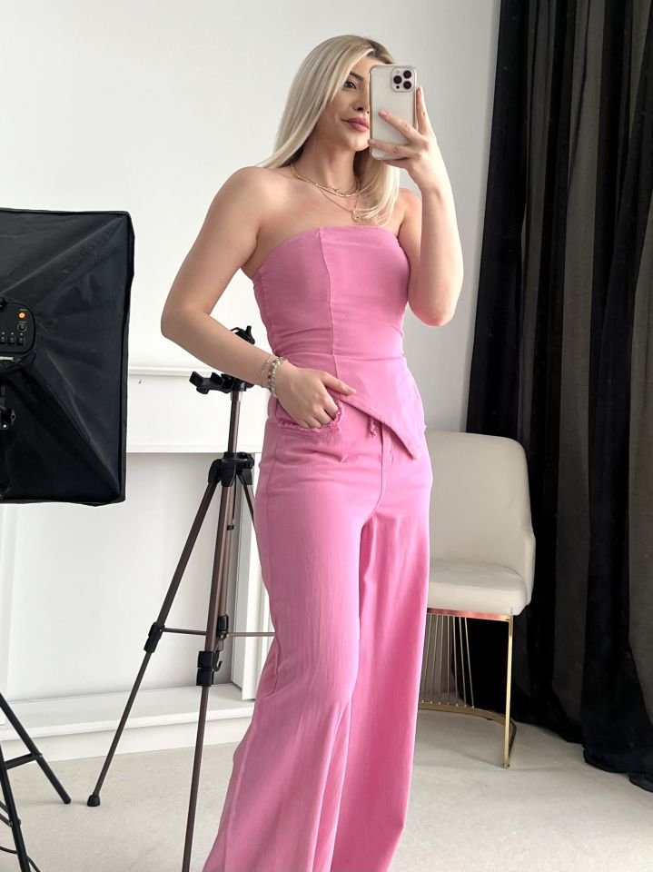 Pembe Asimetrik Kesim Jean Takım