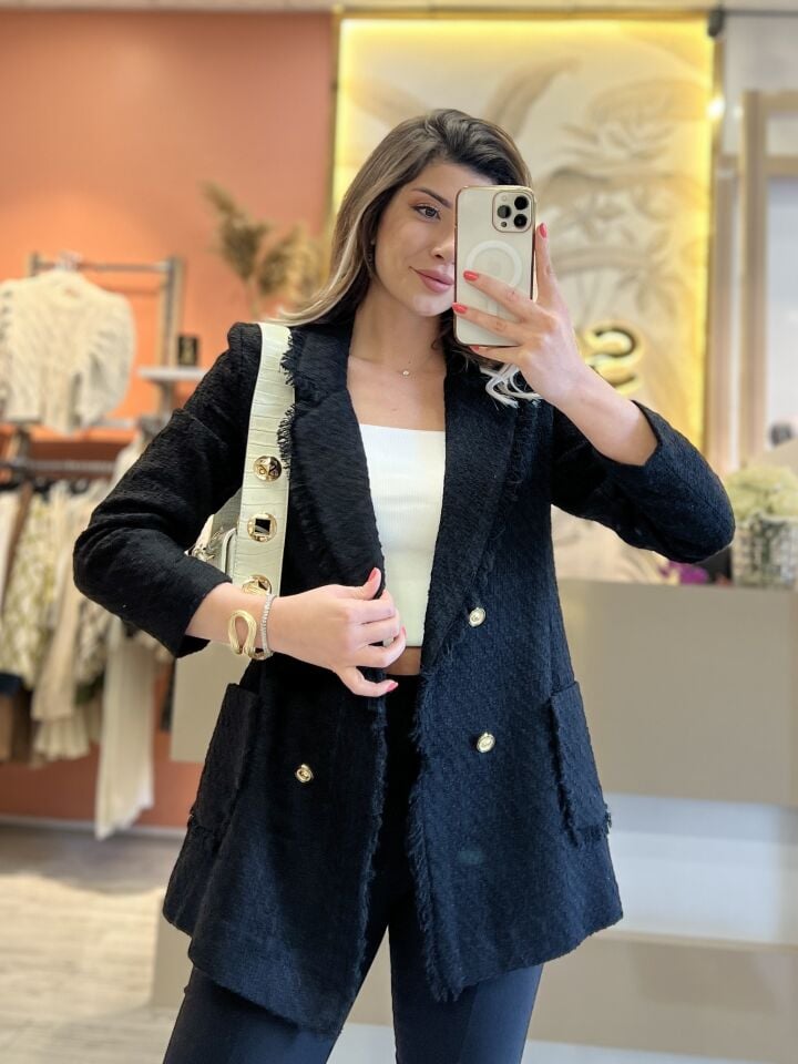Siyah Püskül Detay Tüvit Ceket
