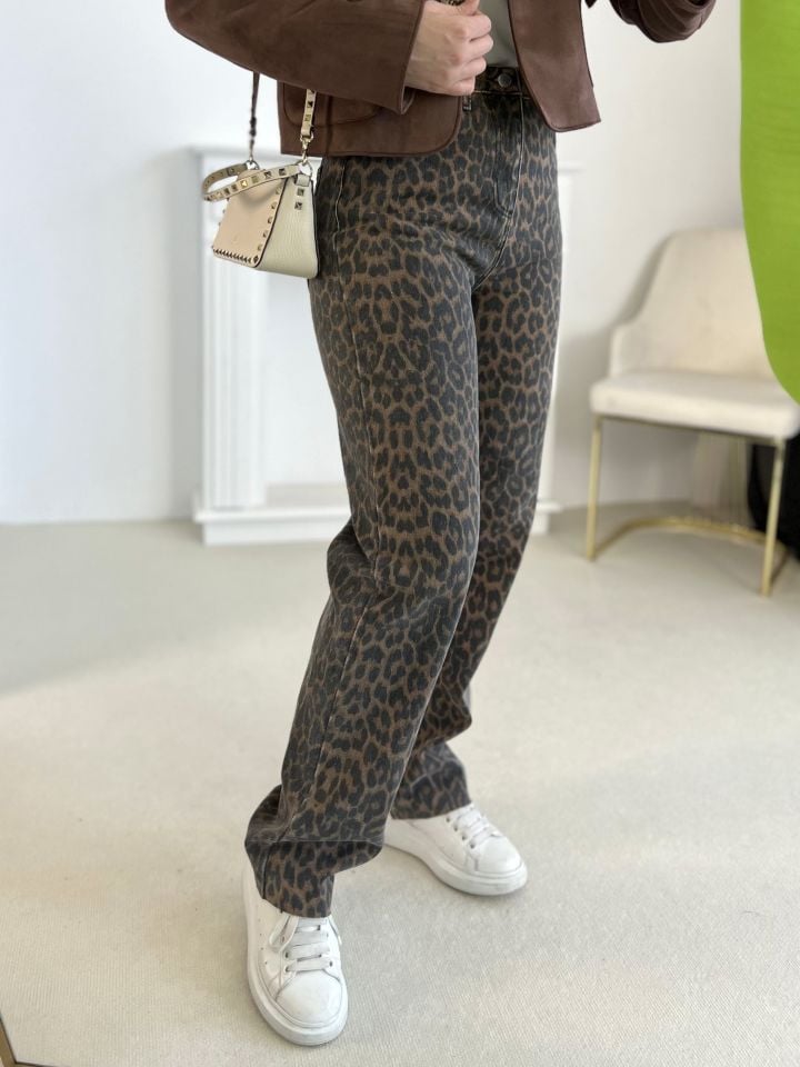 Leopar Desen Straight Jean