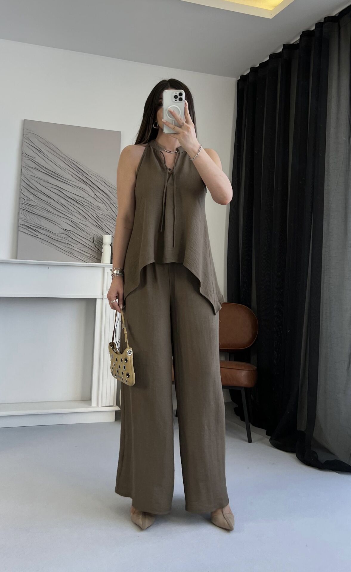 Dökümlü Halter Yaka Kahve Takım S