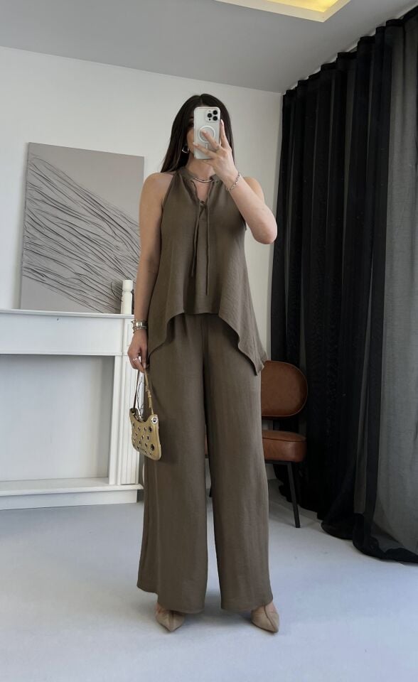 Dökümlü Halter Yaka Kahve Takım S
