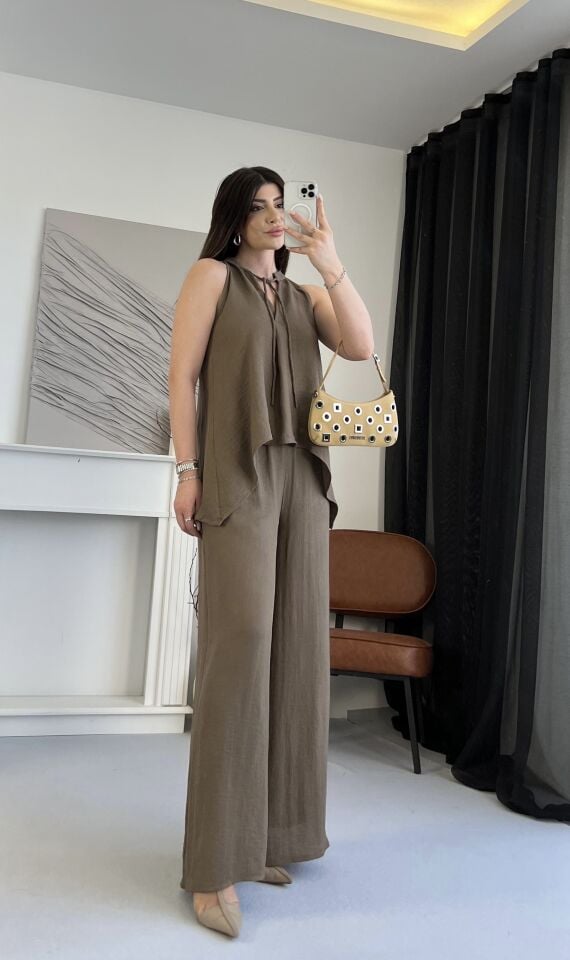 Dökümlü Halter Yaka Kahve Takım S