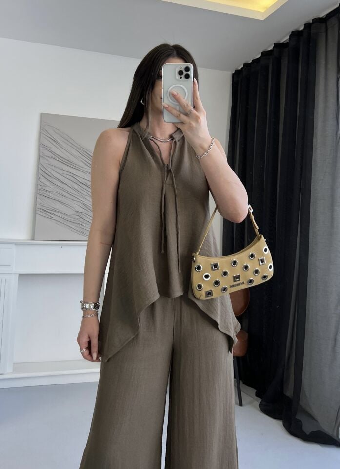 Dökümlü Halter Yaka Kahve Takım S