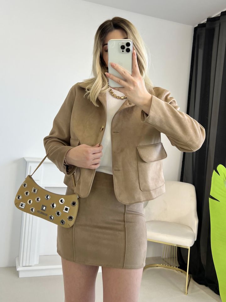 Camel Nervür Dikiş Süet Etek