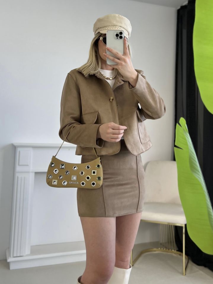 Camel Nervür Dikiş Süet Etek