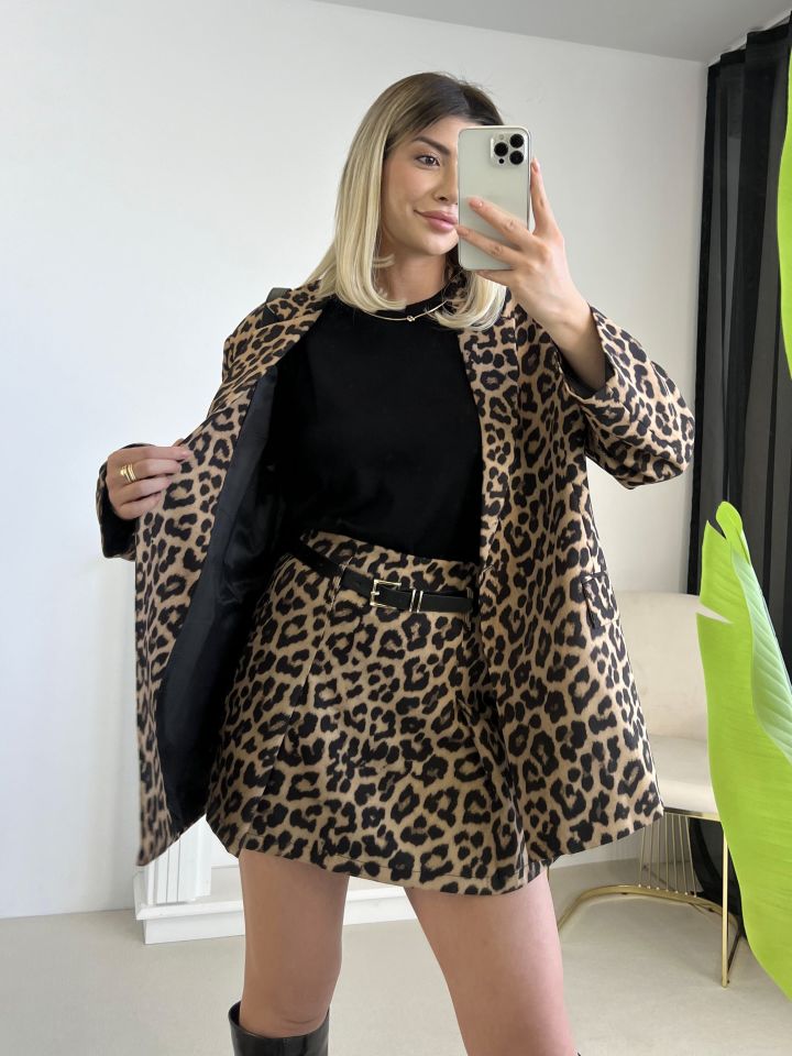 Leopar Desen Gold Düğme Detay Blazer Ceket