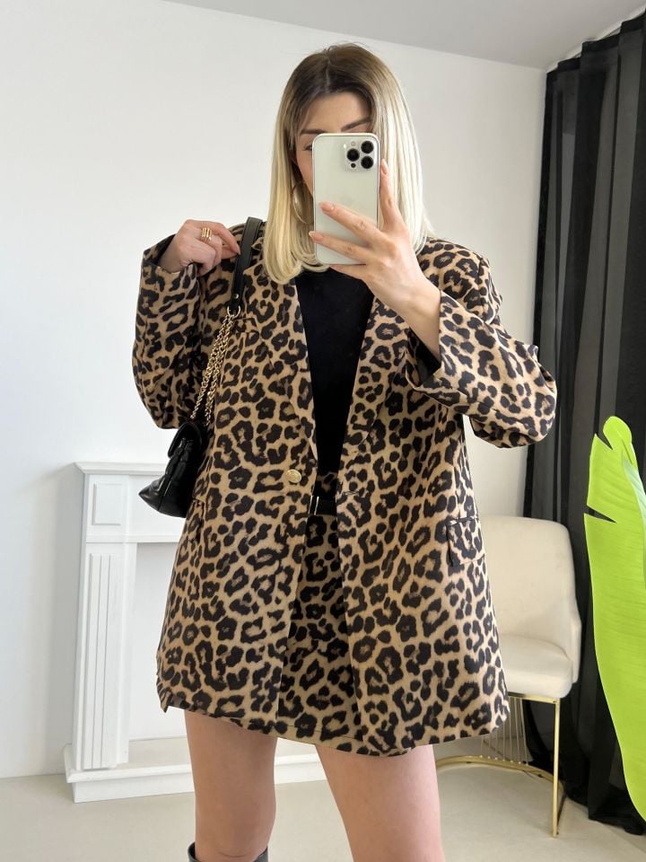 Leopar Desen Gold Düğme Detay Blazer Ceket
