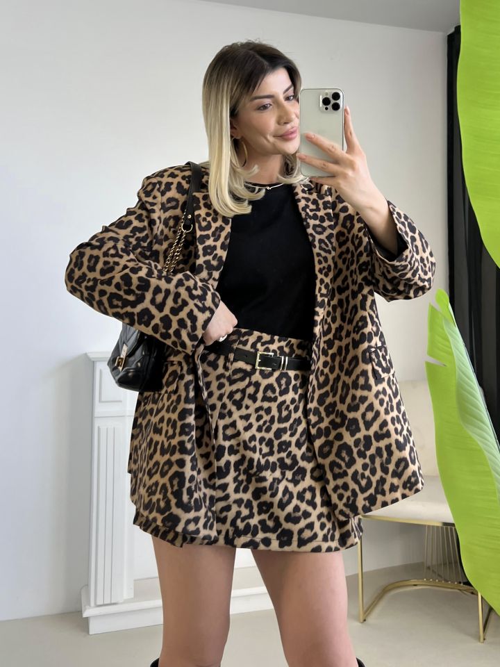 Leopar Desen Gold Düğme Detay Blazer Ceket