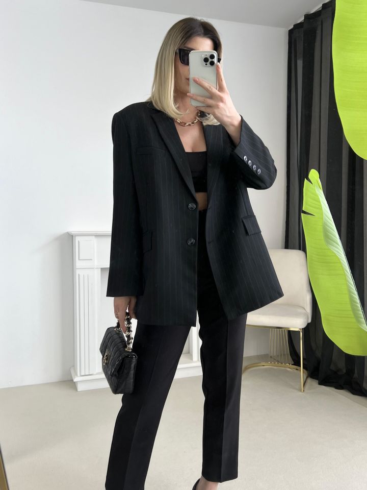 Lacivert Çizgili Oversize Blazer Ceket