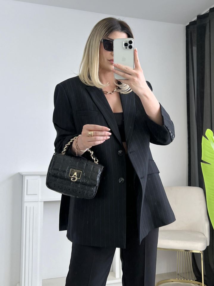 Lacivert Çizgili Oversize Blazer Ceket