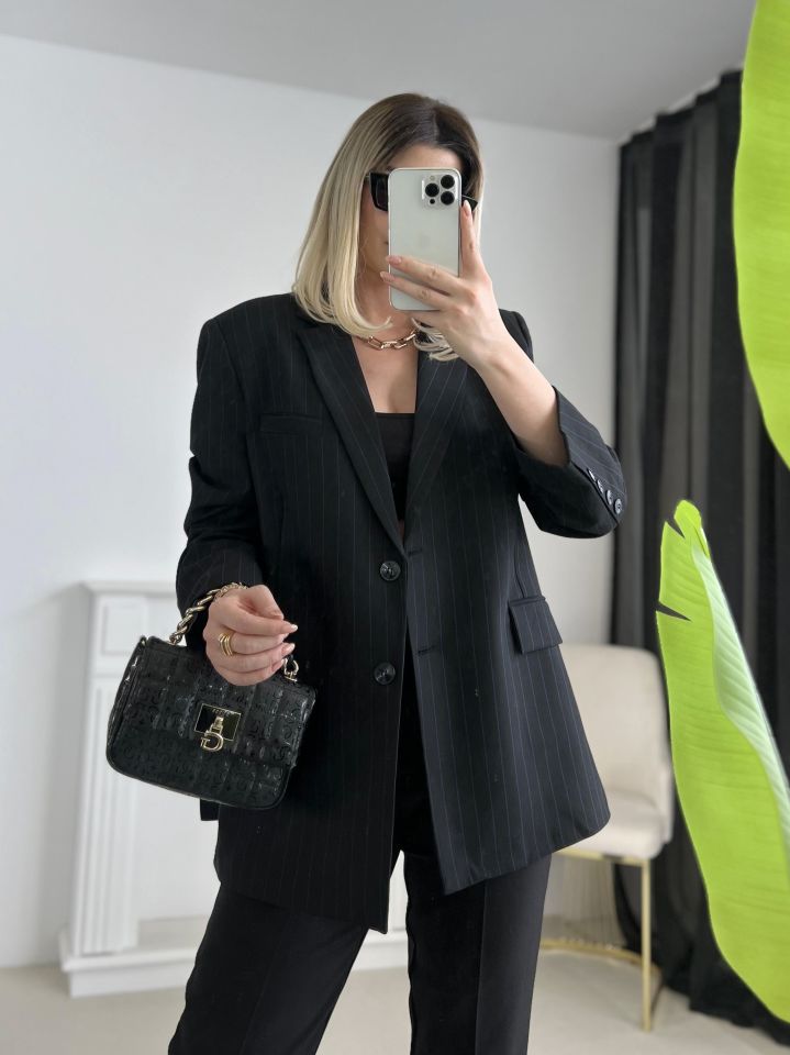 Lacivert Çizgili Oversize Blazer Ceket