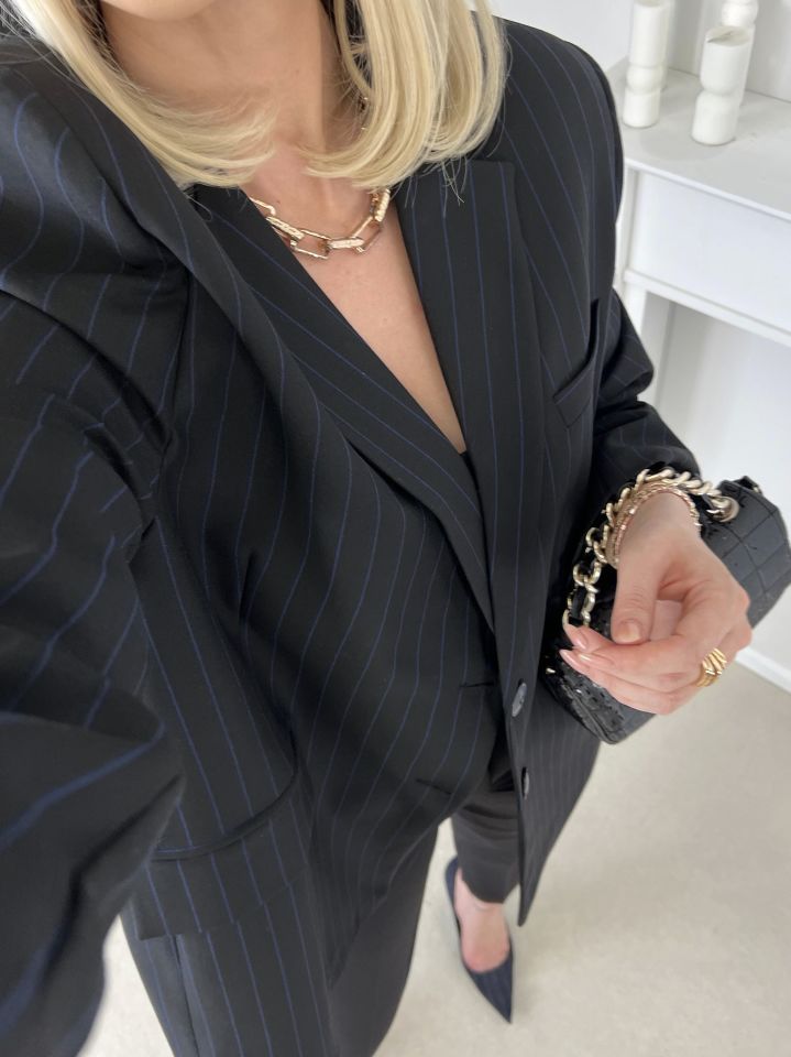 Lacivert Çizgili Oversize Blazer Ceket