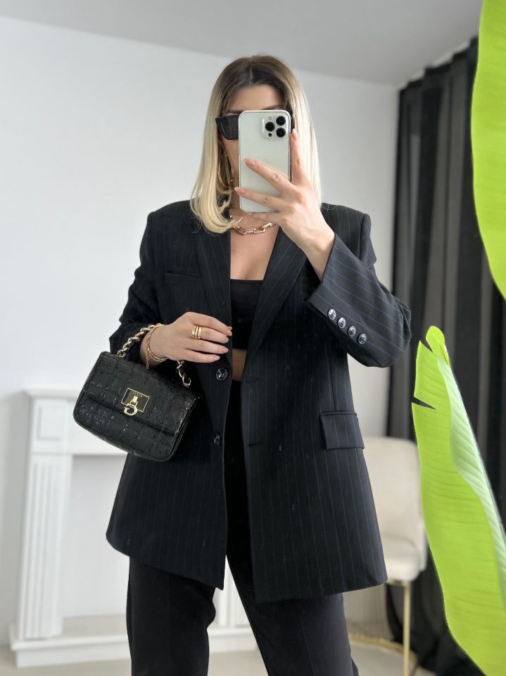 Lacivert Çizgili Oversize Blazer Ceket