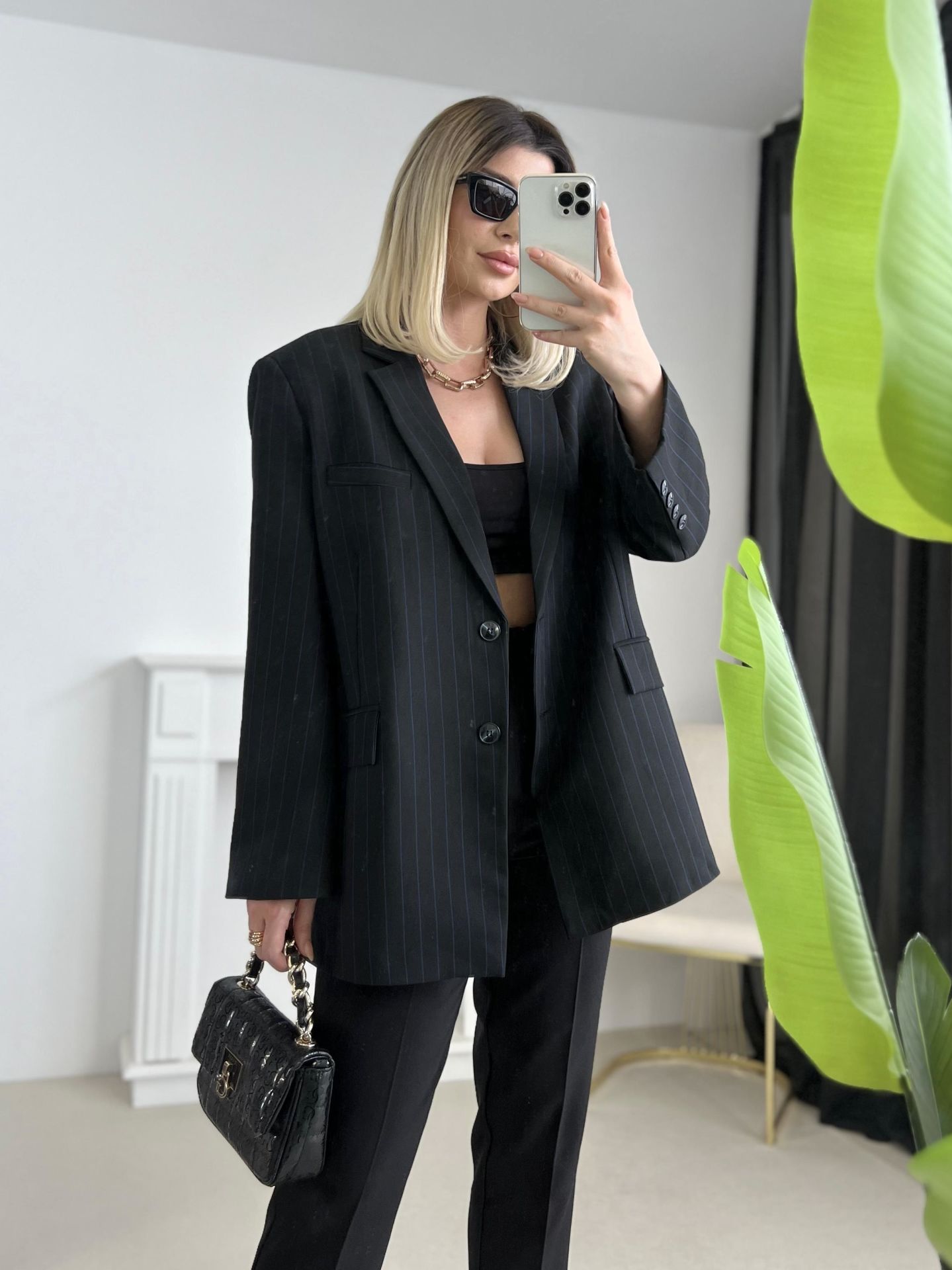 Lacivert Çizgili Oversize Blazer Ceket