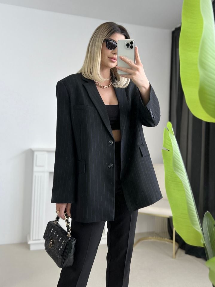 Lacivert Çizgili Oversize Blazer Ceket