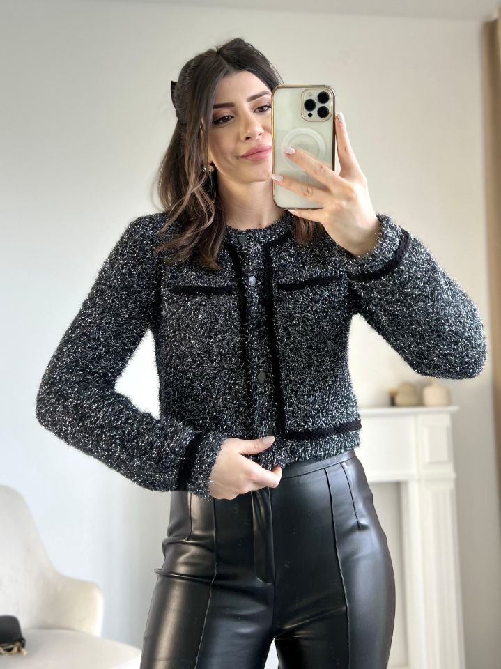 Bisiklet Yaka Simli Triko Ceket
