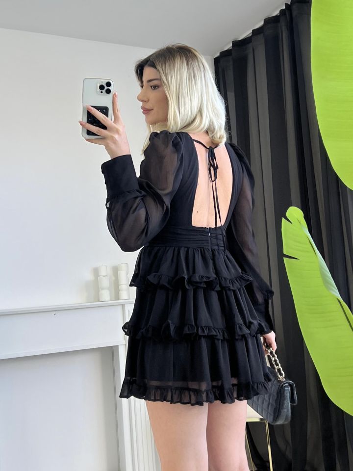 Sırt Dekolteli Mini Tül Elbise