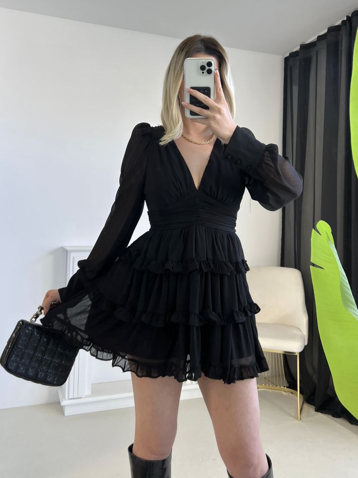 Sırt Dekolteli Mini Tül Elbise