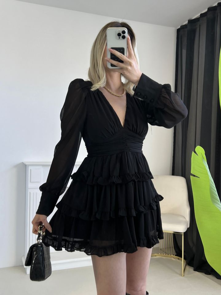 Sırt Dekolteli Mini Tül Elbise