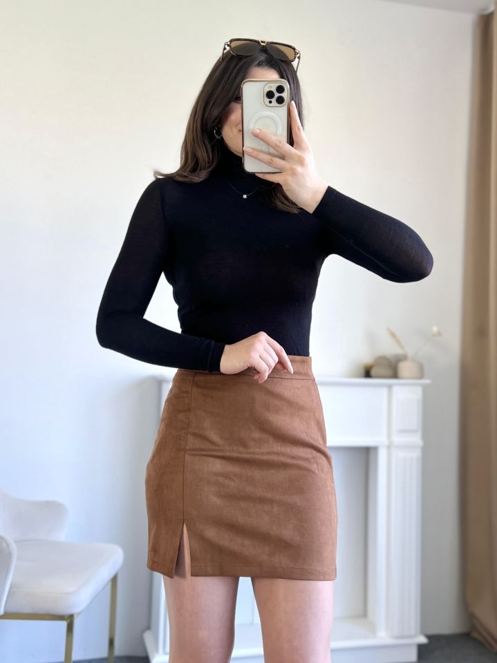 Taba Nubuk Yırtmaçlı Mini Etek
