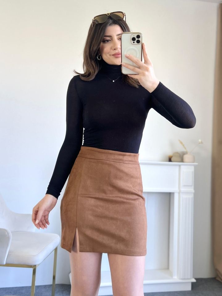 Taba Nubuk Yırtmaçlı Mini Etek