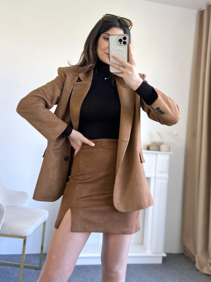 Taba Nubuk Yırtmaçlı Mini Etek