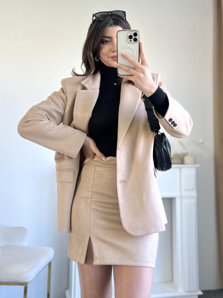 Taş Nubuk Yırtmaçlı Mini Etek