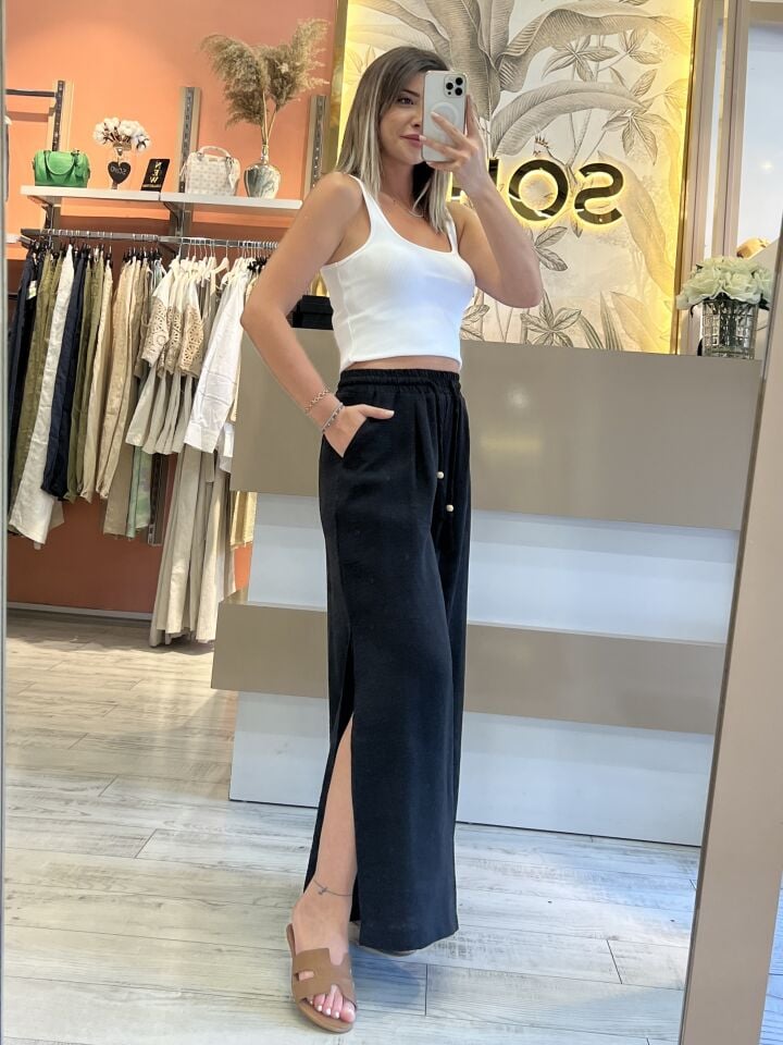 Keten Yırtmaçlı Siyah Pantolon