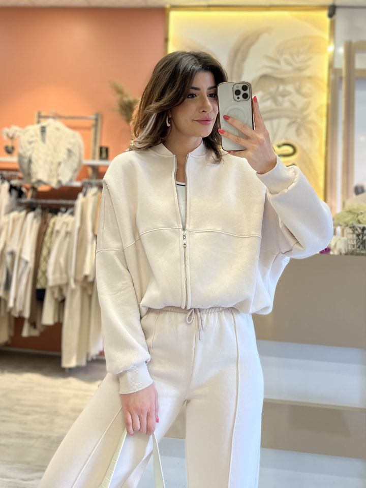 Bej Fermuarlı Sweat Pantolon Takım